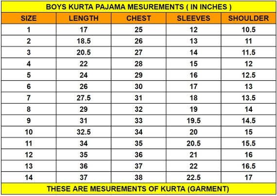 boys kurta pajama size guide